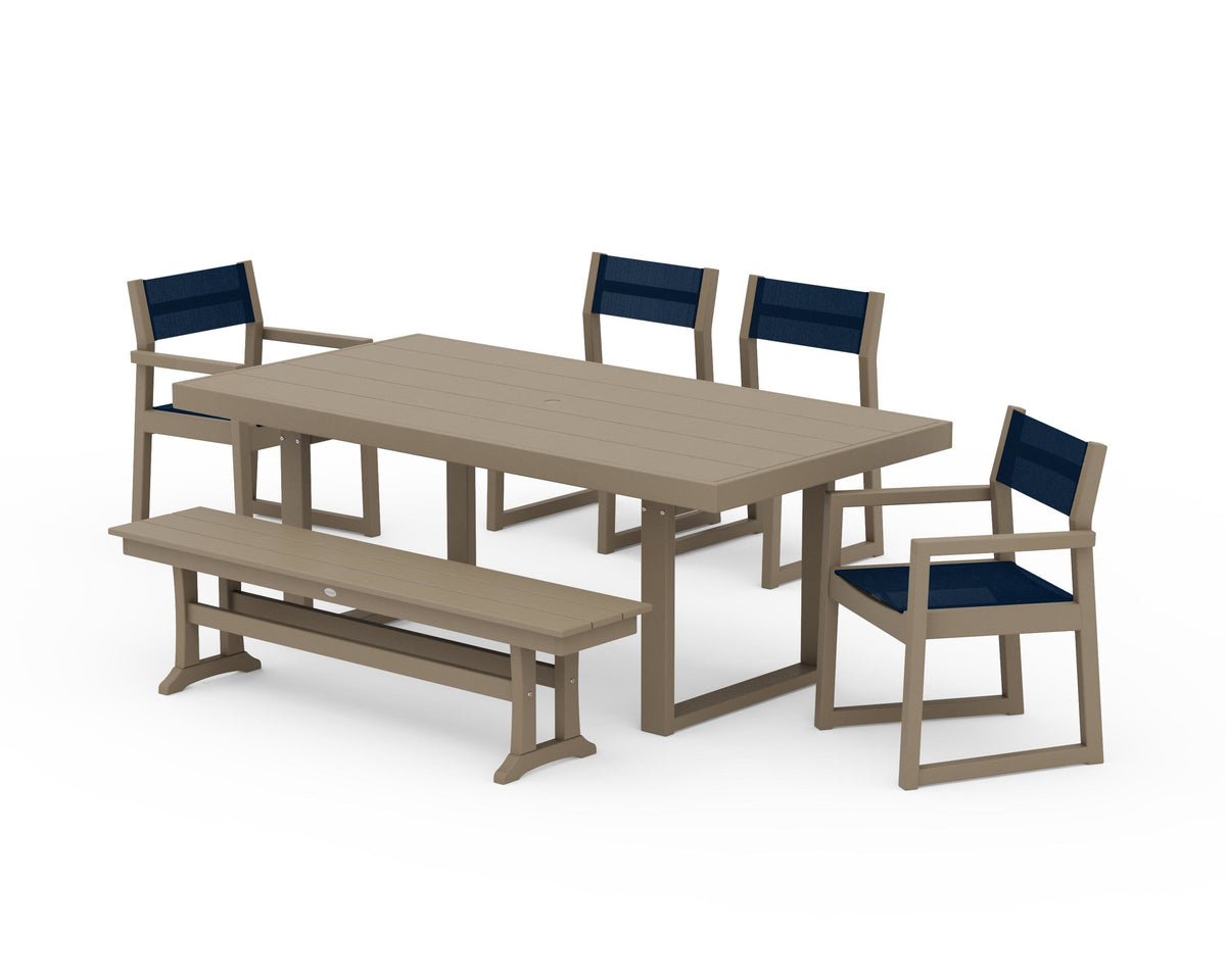POLYWOOD EDGE Sling 6-Piece Dining Set with Bench in Vintage Sahara / Navy Blue