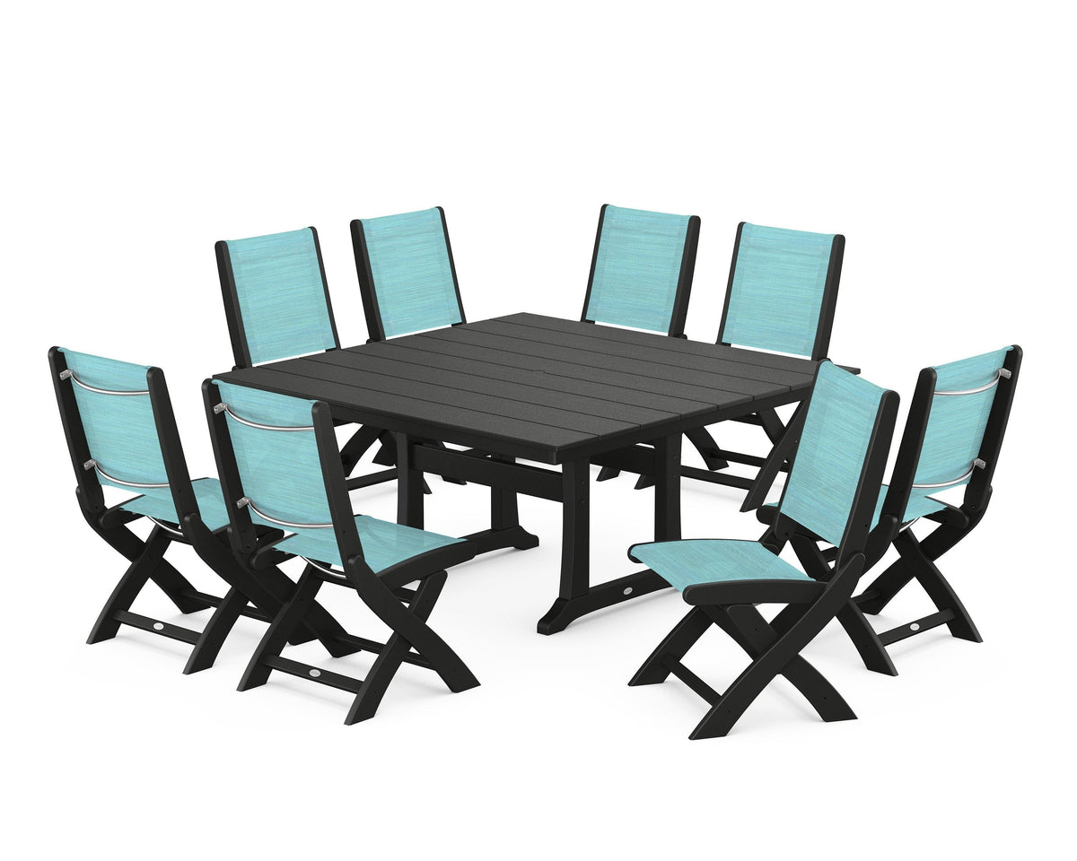 POLYWOOD Coastal Folding Side Chair 9-Piece Farmhouse Dining Set in Black / Dupioni Aquamarine