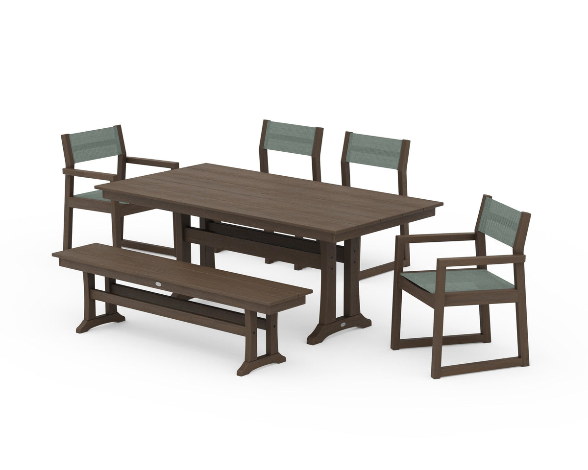 POLYWOOD EDGE Sling 6-Piece Farmhouse Dining Set With Trestle Legs in Kona / Dupioni Sea Mist
