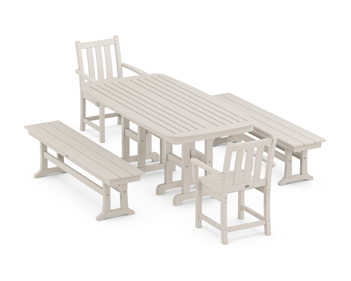 POLYWOOD Traditional Garden 5-Piece Dining Set with Benches - 37" x 72" Table in Sand