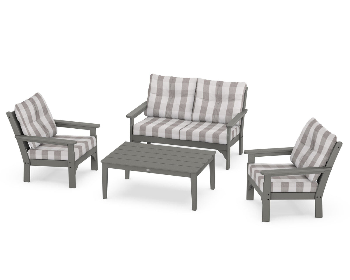 POLYWOOD Vineyard 4-Piece Deep Seating Set with Two Chairs and Loveseat in Slate Grey / Buffalo Plaid Grey Mist