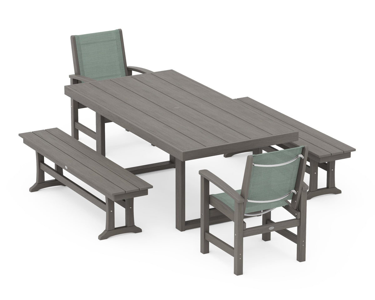 POLYWOOD Coastal 5-Piece Dining Set with Trestle Legs with EDGE 40" x 78" Dining Table in Driftwood / Dupioni Sea Mist