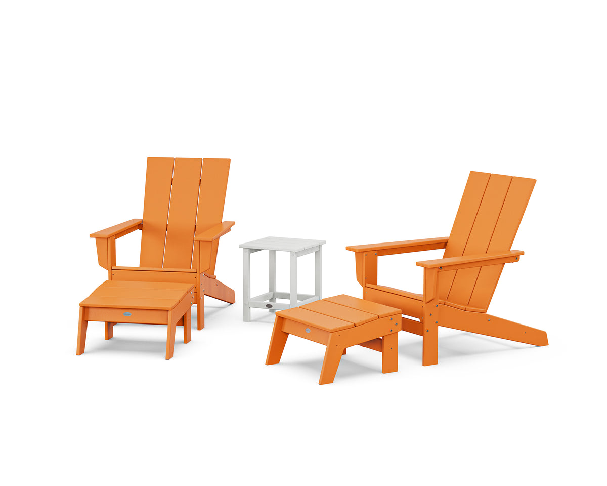 POLYWOOD 5-Piece Modern Studio Adirondack Set with Ottomans and Side Table in Tangerine / White