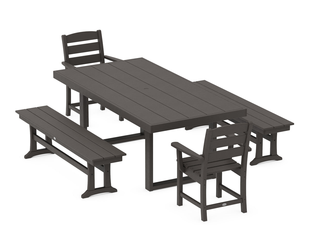 POLYWOOD Lakeside 5-Piece Dining Set with Benches in Vintage Coffee