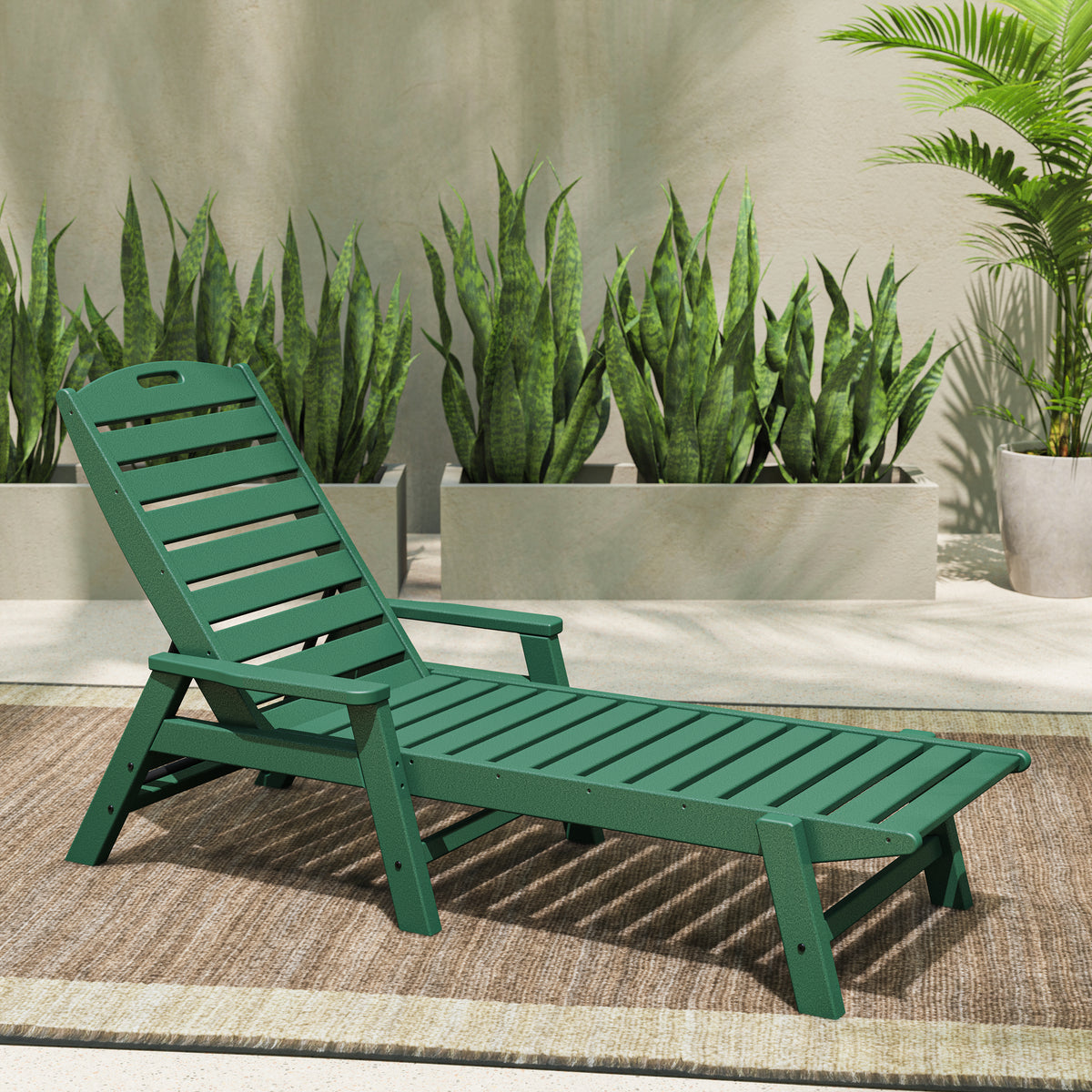 Lifestyle photo of the POLYWOOD Nautical Chaise with Arms in Green