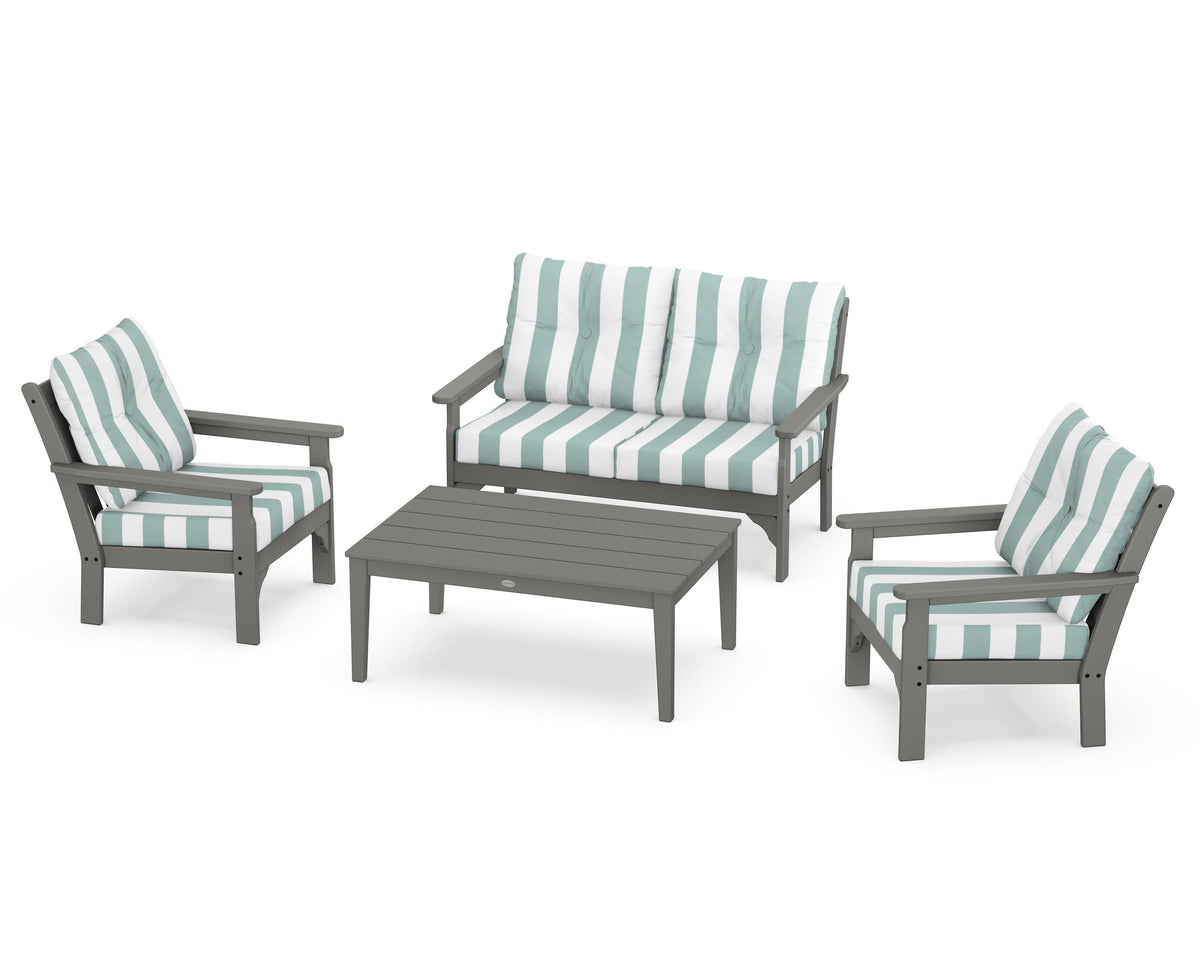 POLYWOOD Vineyard 4-Piece Deep Seating Set with Two Chairs and Loveseat in Slate Grey / Cabana Stripe Glacier Spa