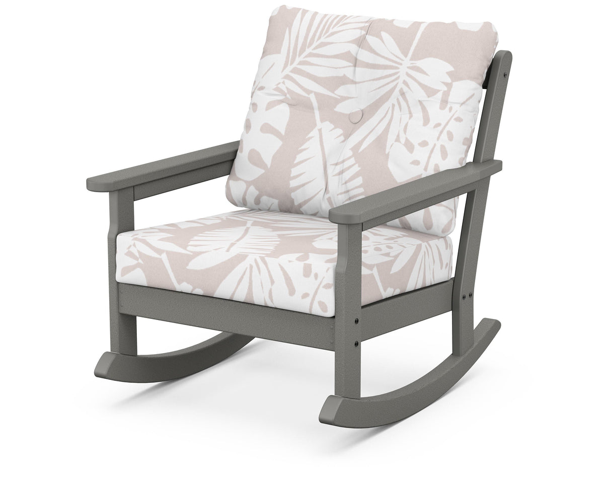 POLYWOOD Vineyard Deep Seating Rocking Chair in Slate Grey / Leaf Dune Burlap