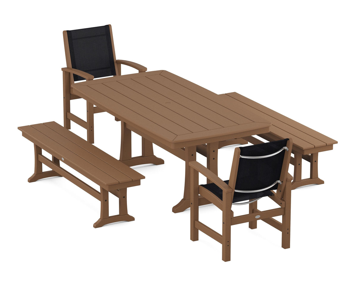 POLYWOOD Coastal 5-Piece Dining Set with Trestle Legs and Benches in Teak / Black