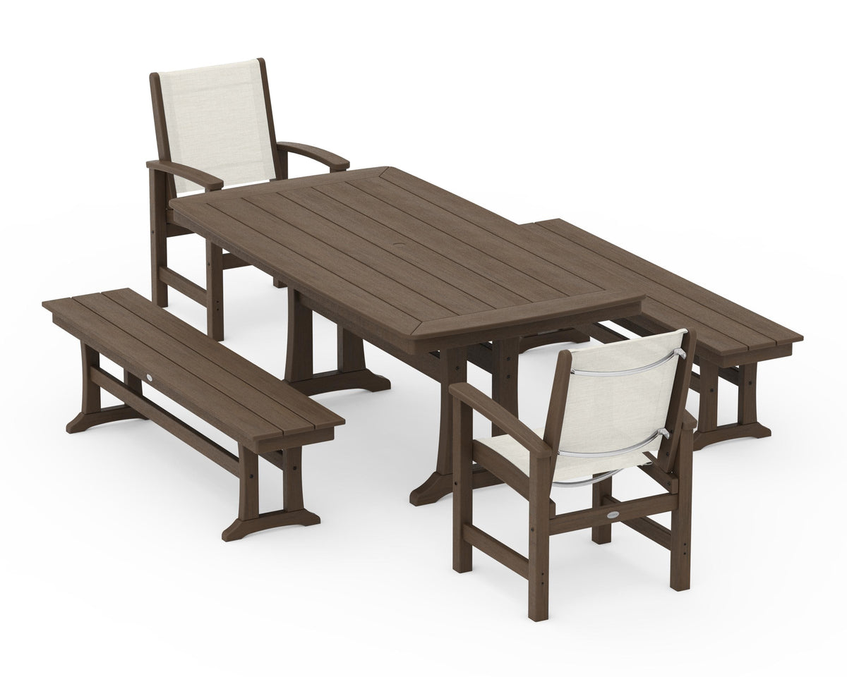 POLYWOOD Coastal 5-Piece Dining Set with Trestle Legs and Benches in Kona / Parchment