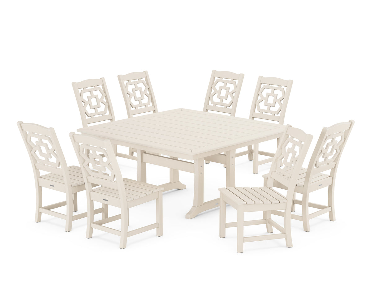 POLYWOOD Chinoiserie 9-Piece Square Side Chair Dining Set with Trestle Legs in Sand
