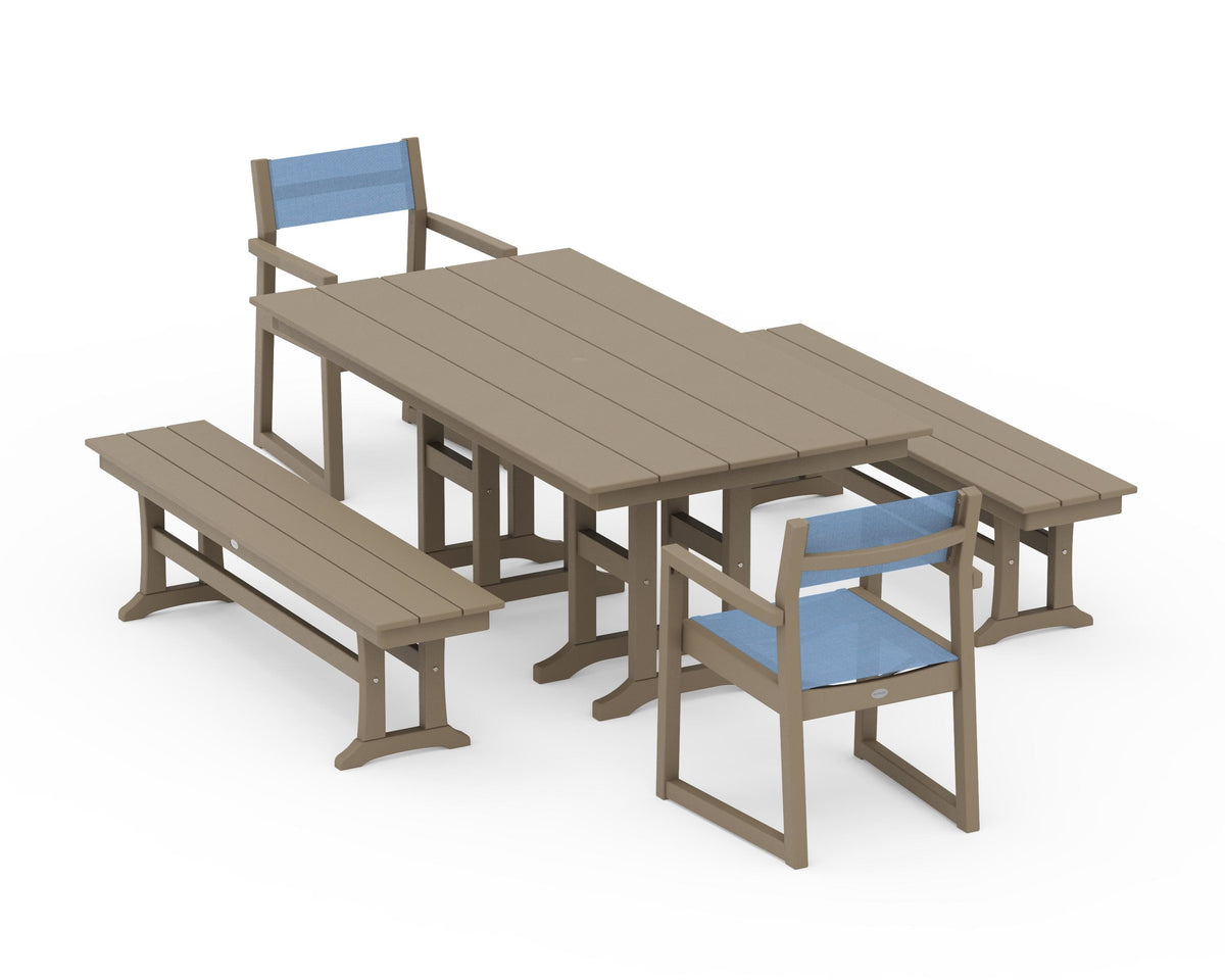 POLYWOOD EDGE Sling Arm Chair 5-Piece Farmhouse Dining Set with Benches in Vintage Sahara / Poolside