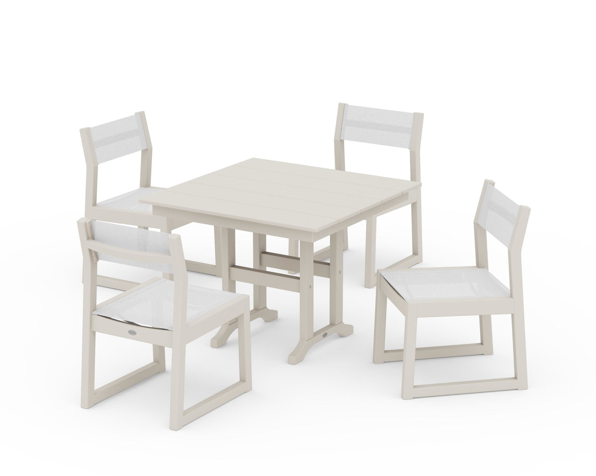 POLYWOOD EDGE Sling Side Chair 5-Piece Farmhouse Dining Set in Sand / White