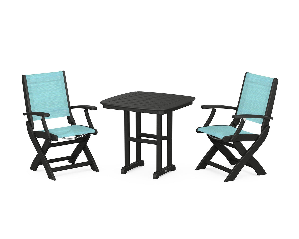 POLYWOOD Coastal Folding Chair 3-Piece Dining Set in Black / Dupioni Aquamarine