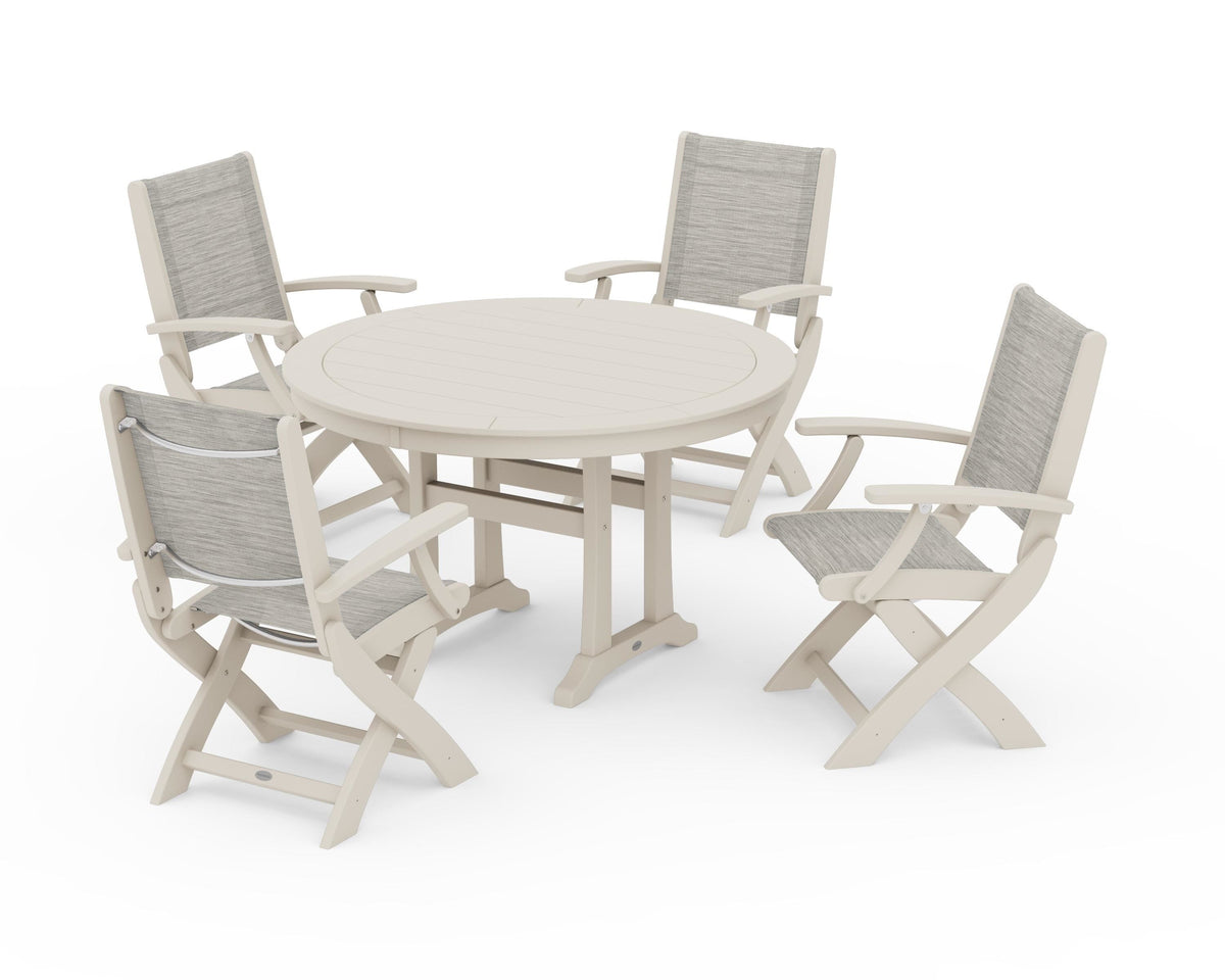 POLYWOOD Coastal Folding Chair 5-Piece Round Dining Set with Trestle Legs in Sand / Birch