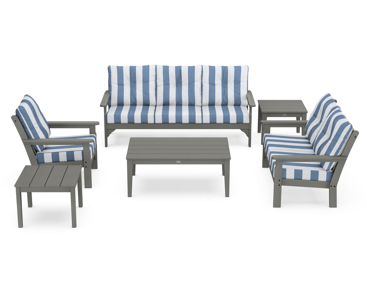POLYWOOD Vineyard 6-Piece Deep Seating Set in Slate Grey / Cabana Stripe Sky Blue