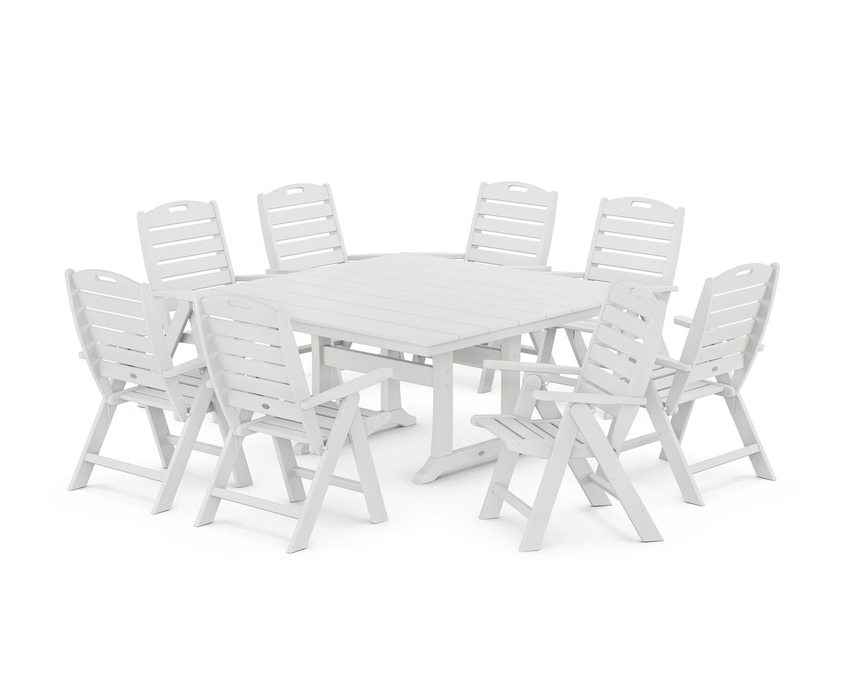 POLYWOOD Nautical Highback 9-Piece Square Farmhouse Dining Set with Trestle Legs in White