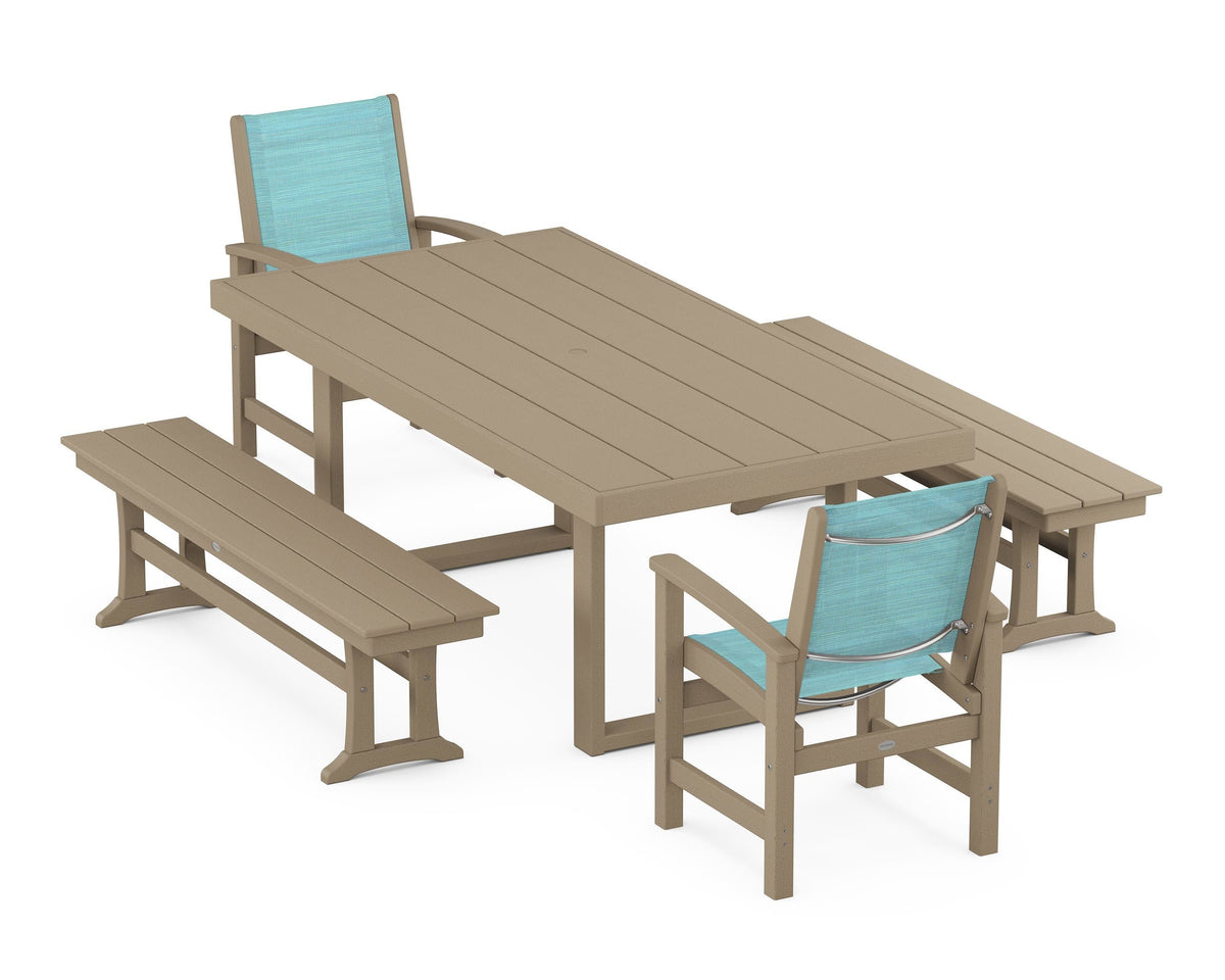 POLYWOOD Coastal 5-Piece Dining Set with Trestle Legs with EDGE 40" x 78" Dining Table in Vintage Sahara / Dupioni Aquamarine