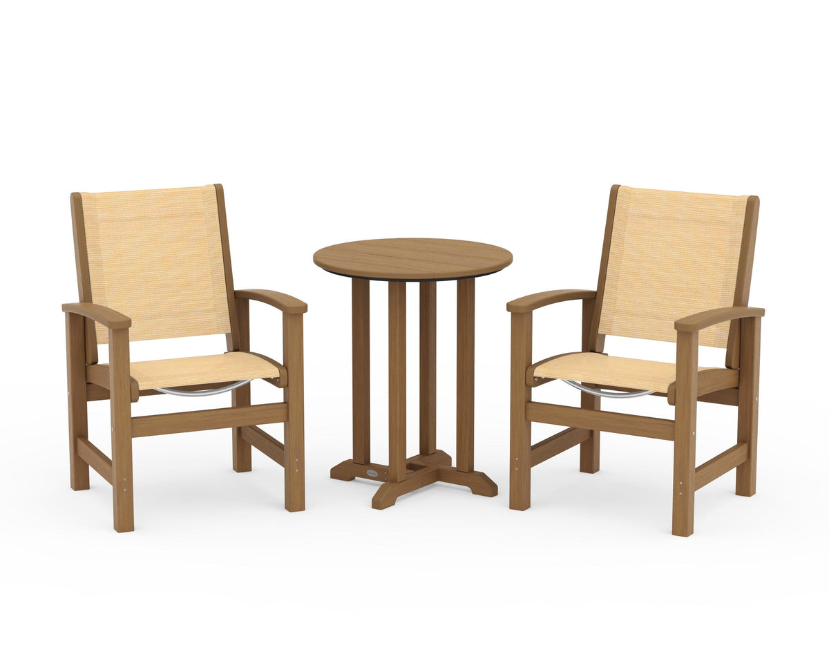 POLYWOOD Coastal 3-Piece Round Bistro Dining Set in Natural / Dupioni Apricot