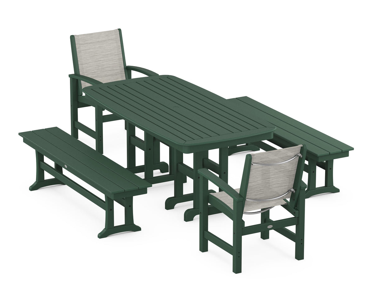 POLYWOOD Coastal 5-Piece Dining Set with Nautical 37" x 72" Dining Table in Green / Birch