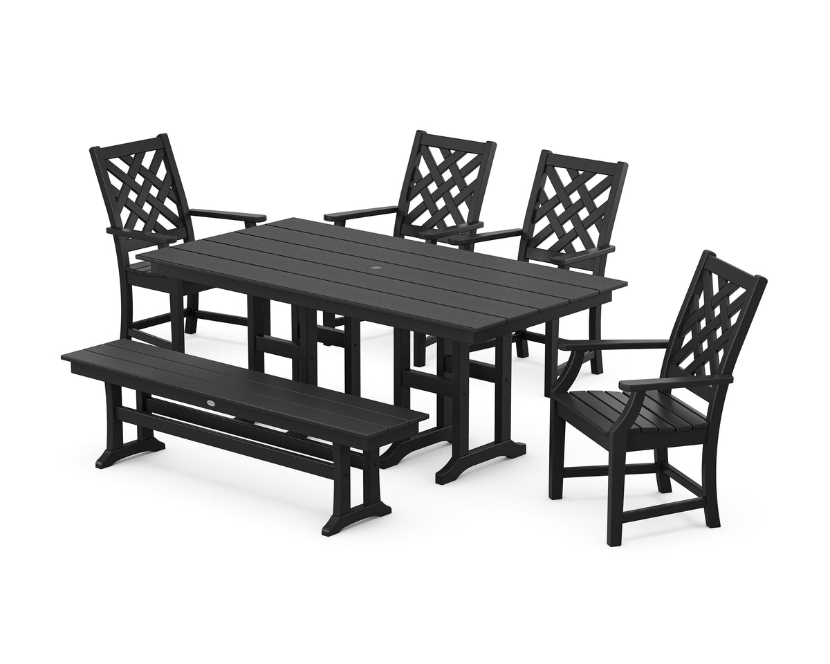 POLYWOOD Country Living Wovendale 6-Piece Farmhouse Dining Set with Bench with Farmhouse 37" x 72" Dining Table in Black
