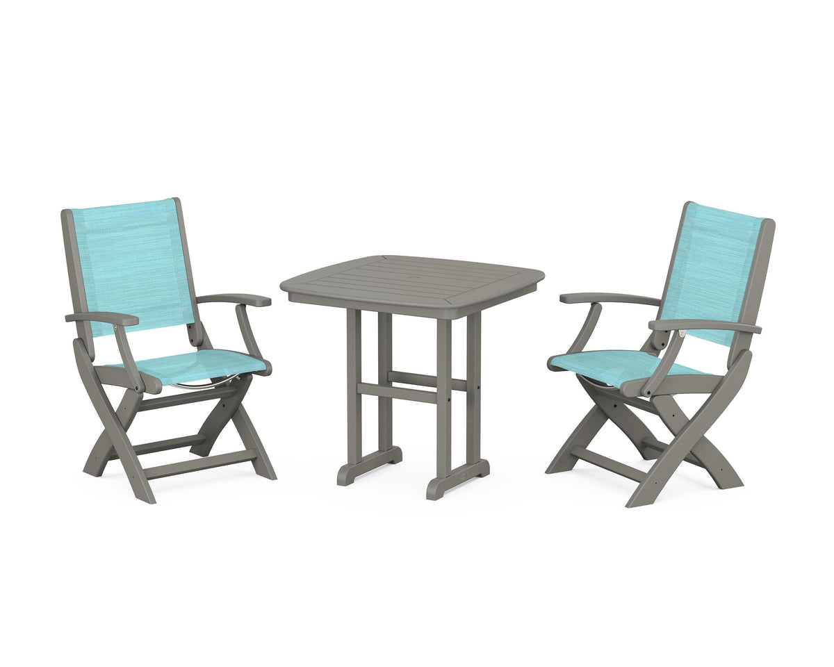 POLYWOOD Coastal Folding Chair 3-Piece Dining Set in Slate Grey / Dupioni Aquamarine