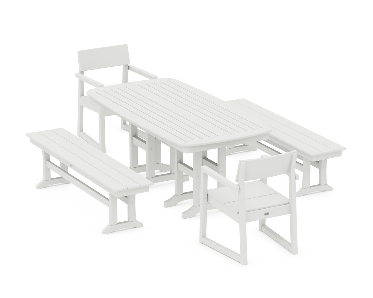 POLYWOOD EDGE 5-Piece Dining Set with Benches (Nautical 37" x 72" Table) in Vintage White