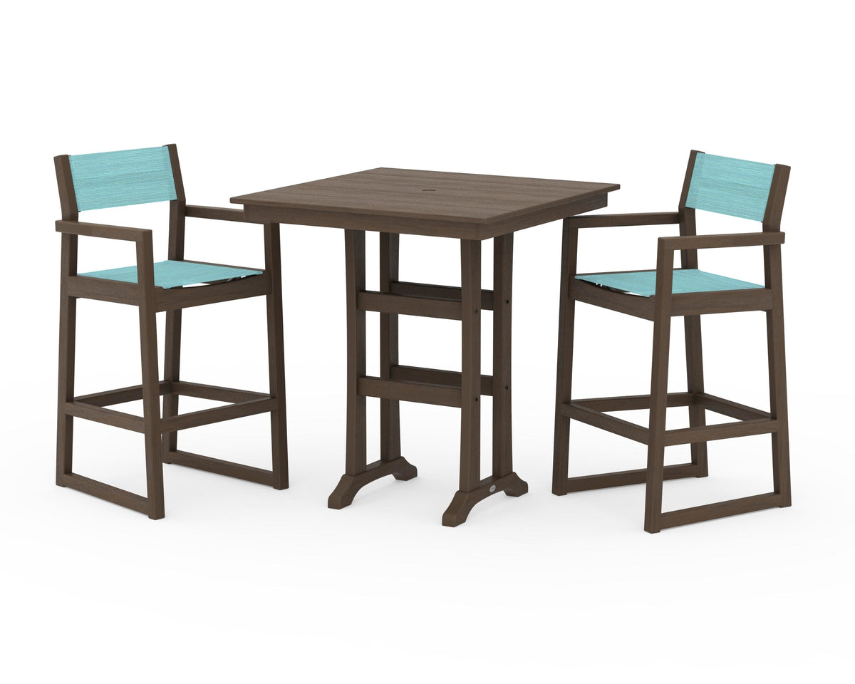 POLYWOOD EDGE Sling Arm Chair 3-Piece Farmhouse Bar Set with Trestle Legs in Kona / Dupioni Aquamarine