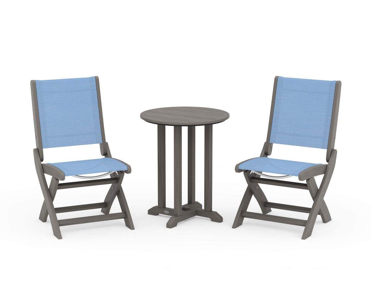 POLYWOOD Coastal Folding Side Chair 3-Piece Round Bistro Dining Set in Driftwood / Poolside