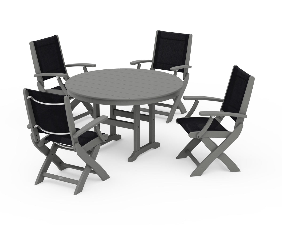 POLYWOOD Coastal Folding Chair 5-Piece Round Dining Set in Slate Grey / Black