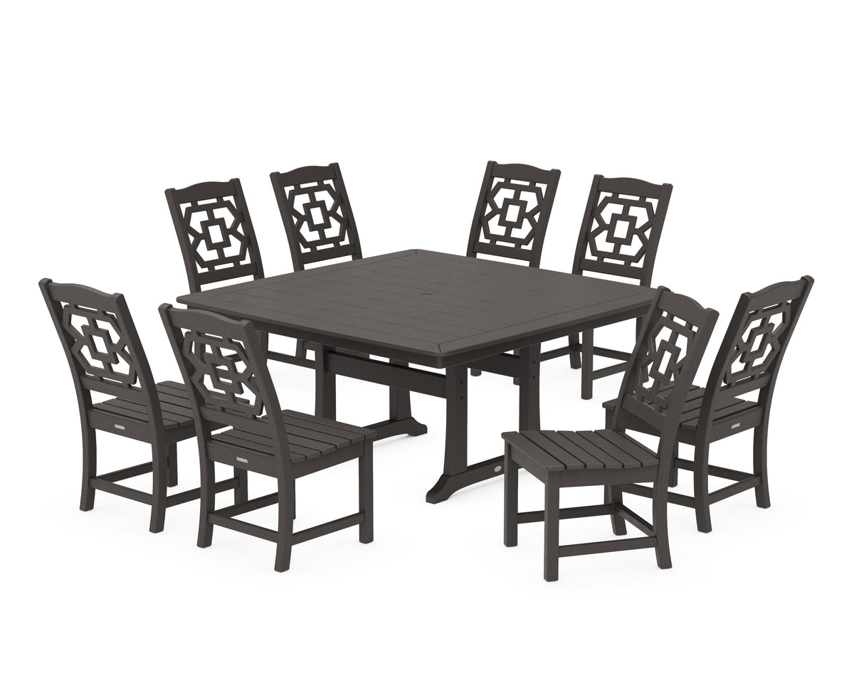POLYWOOD Chinoiserie 9-Piece Square Side Chair Dining Set with Trestle Legs in Vintage Coffee