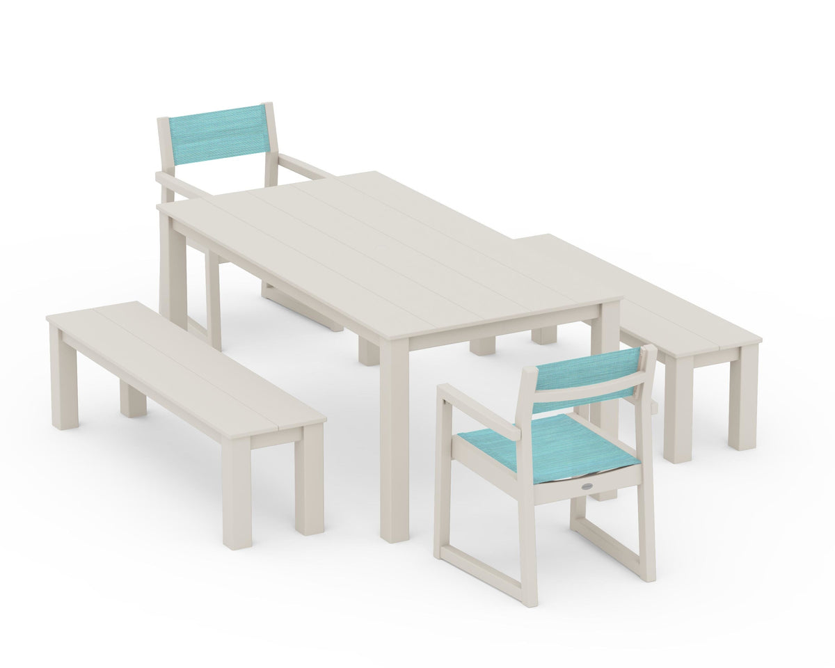 POLYWOOD EDGE Sling Arm Chair 5-Piece Parsons Dining Set with Benches in Sand / Dupioni Aquamarine