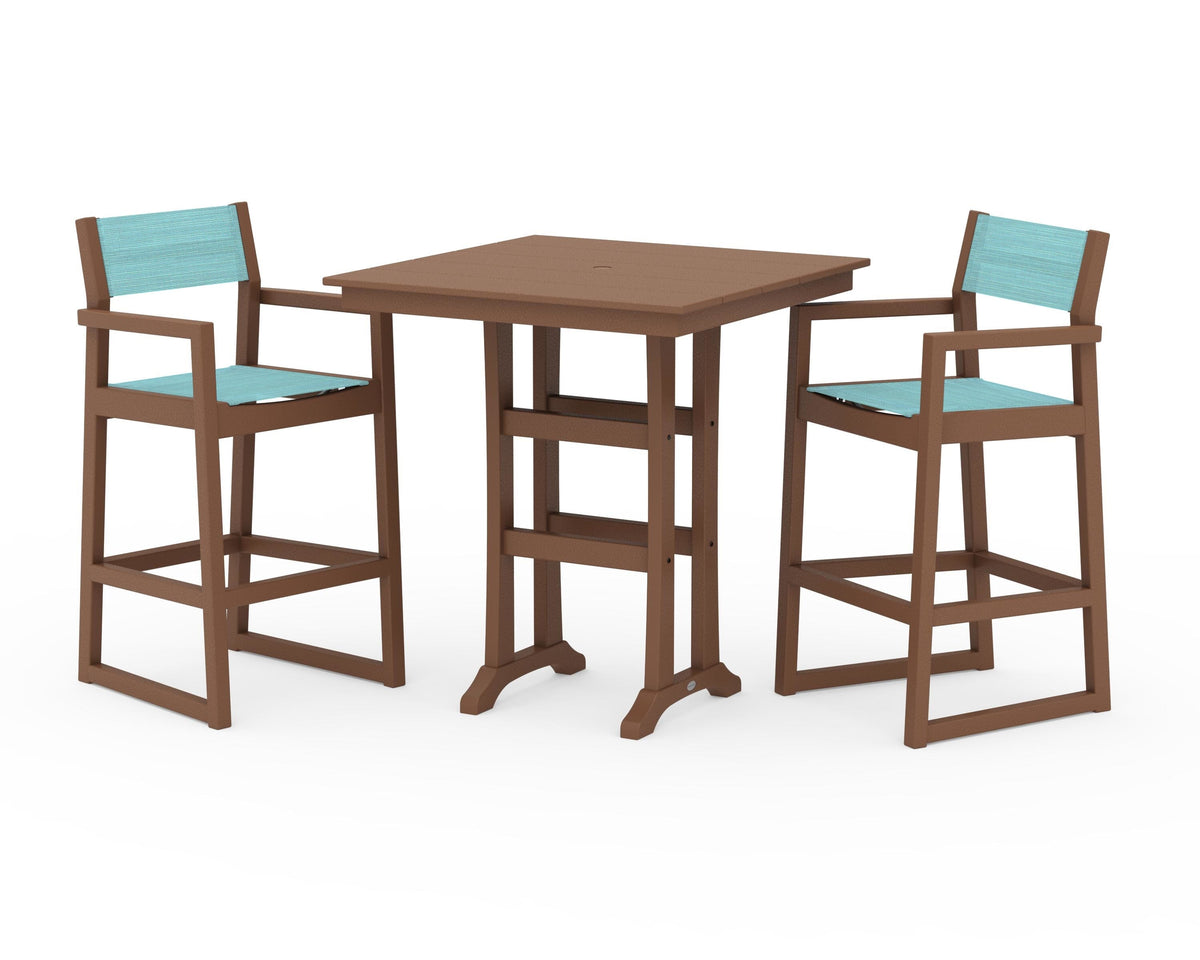 POLYWOOD EDGE Sling Arm Chair 3-Piece Farmhouse Bar Set with Trestle Legs in Teak / Dupioni Aquamarine