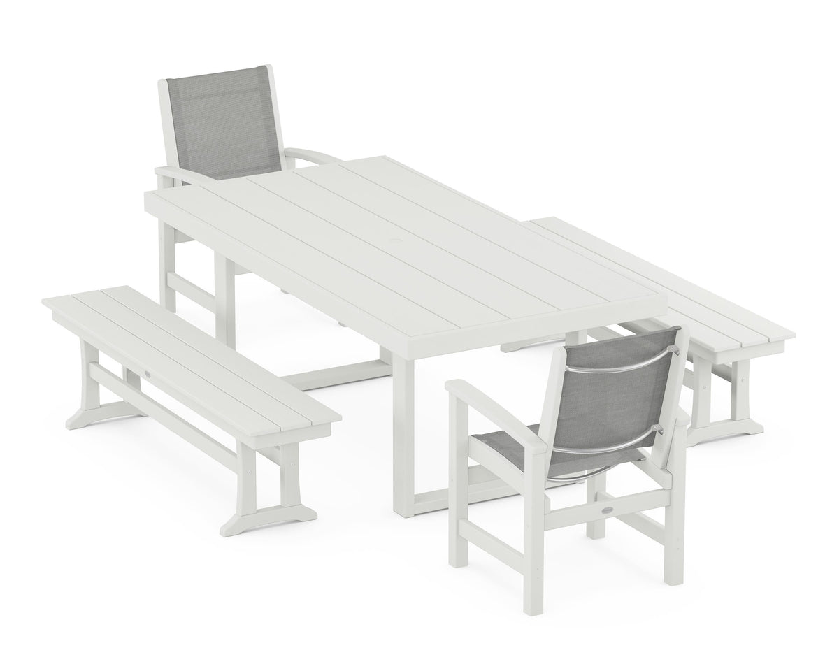 POLYWOOD Coastal 5-Piece Dining Set with Trestle Legs with EDGE 40" x 78" Dining Table in Vintage White / Metallic