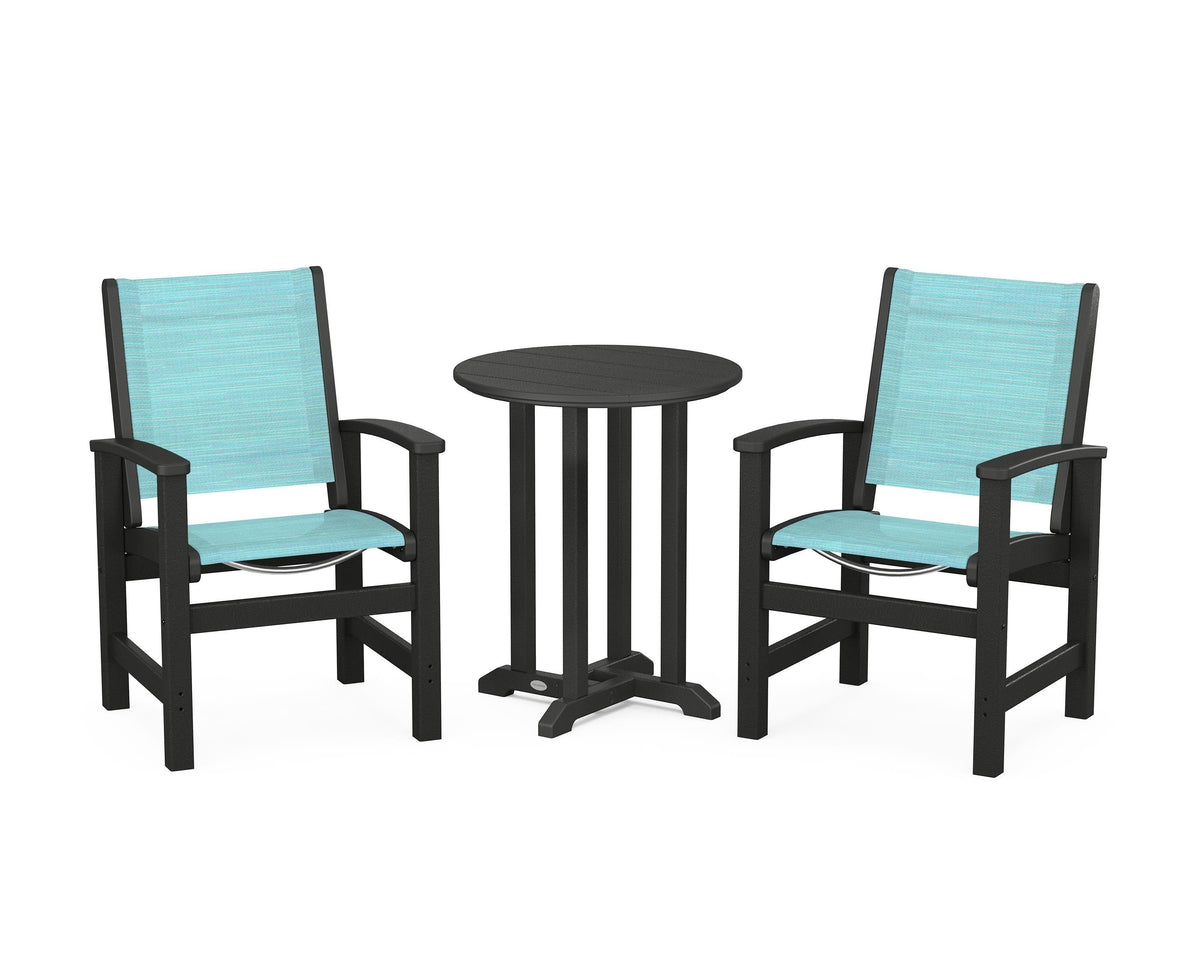POLYWOOD Coastal 3-Piece Round Bistro Dining Set in Black / Dupioni Aquamarine