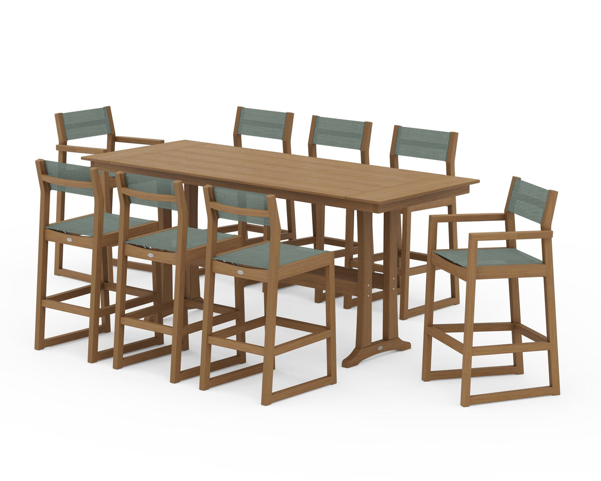 POLYWOOD EDGE Sling 9-Piece Farmhouse Bar Set with Trestle Legs in Natural / Dupioni Sea Mist