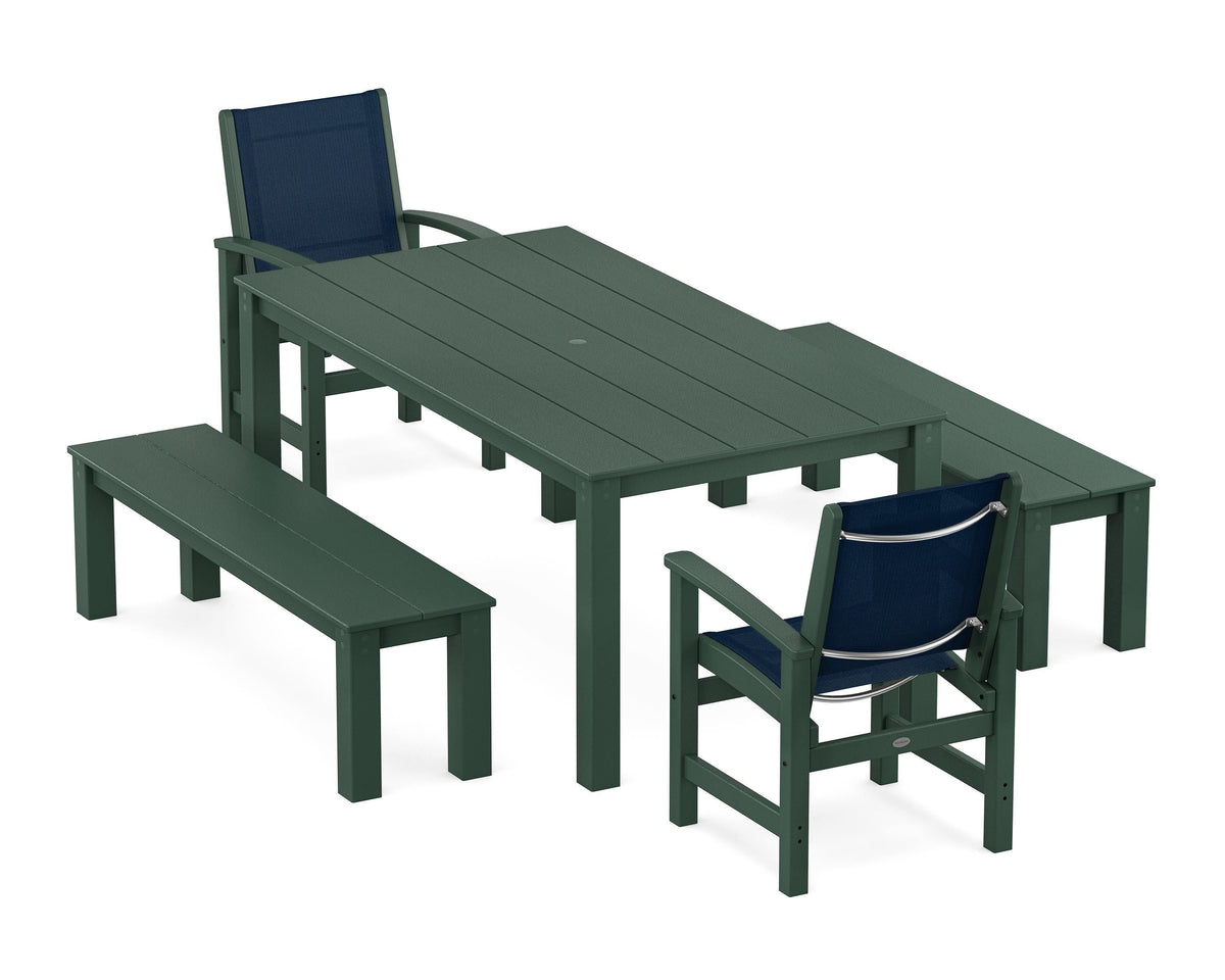 POLYWOOD Coastal 5-Piece Parsons Dining Set with Benches in Green / Navy Blue