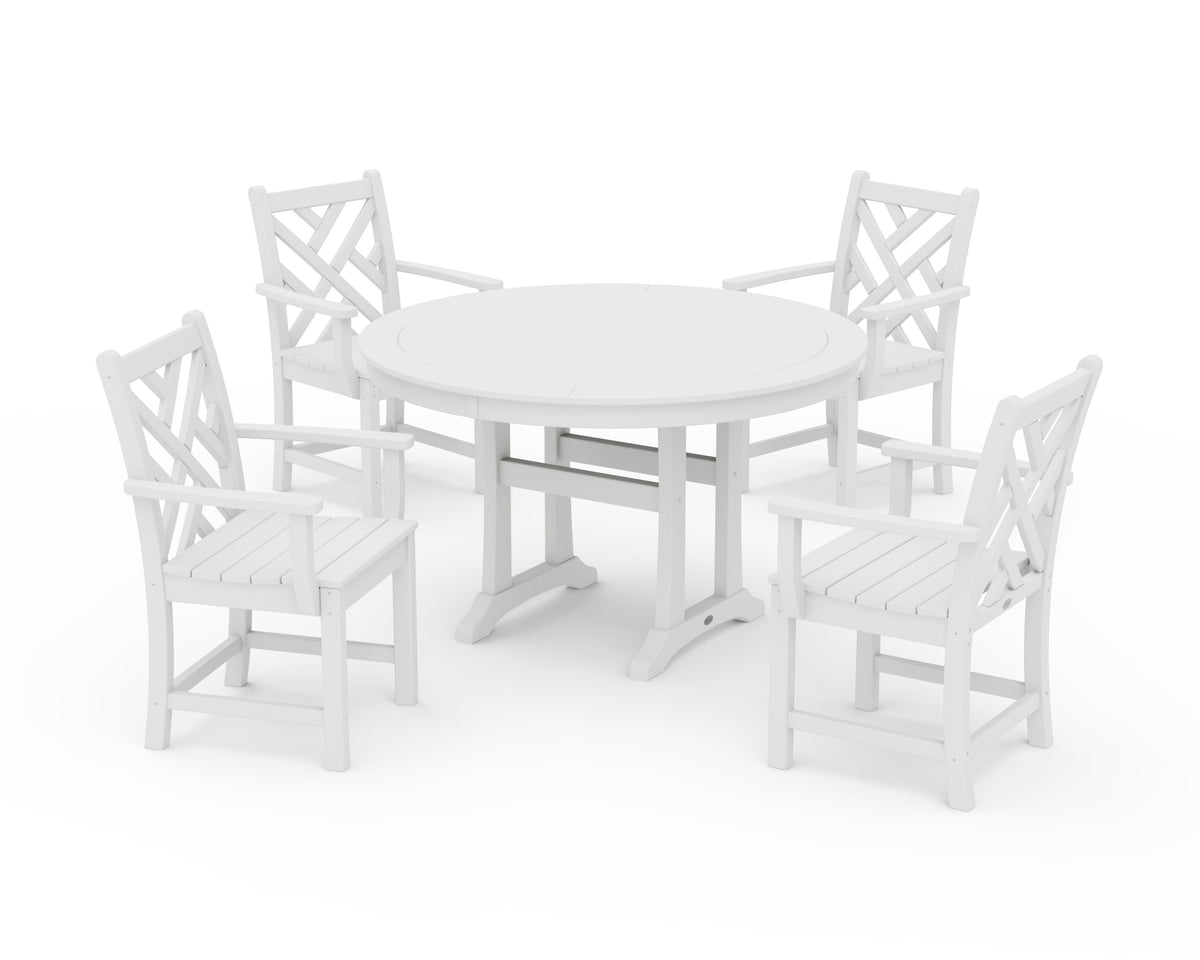 POLYWOOD Chippendale 5-Piece Nautical Trestle Dining Arm Chair Set in White