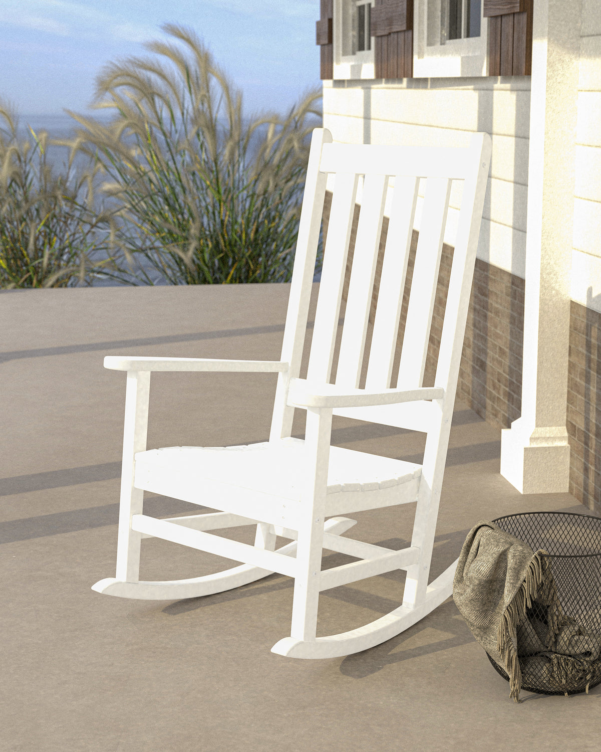 POLYWOOD Vineyard Porch Rocking Chair in White styled outdoors