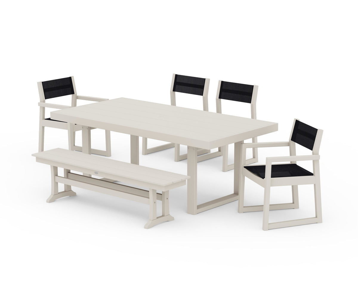 POLYWOOD EDGE Sling 6-Piece Dining Set with Bench in Sand / Black