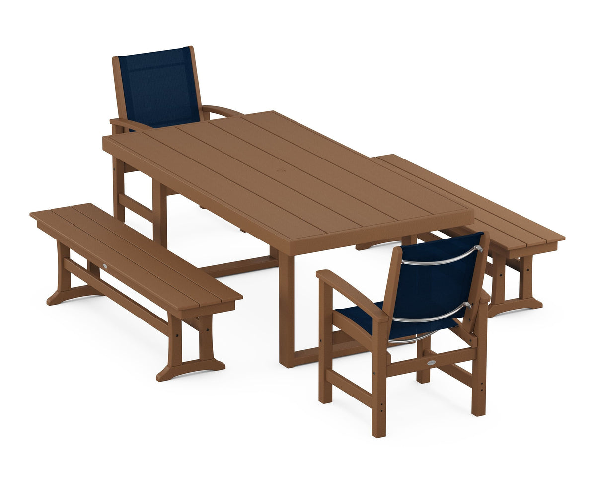 POLYWOOD Coastal 5-Piece Dining Set with Trestle Legs with EDGE 40" x 78" Dining Table in Teak / Navy Blue