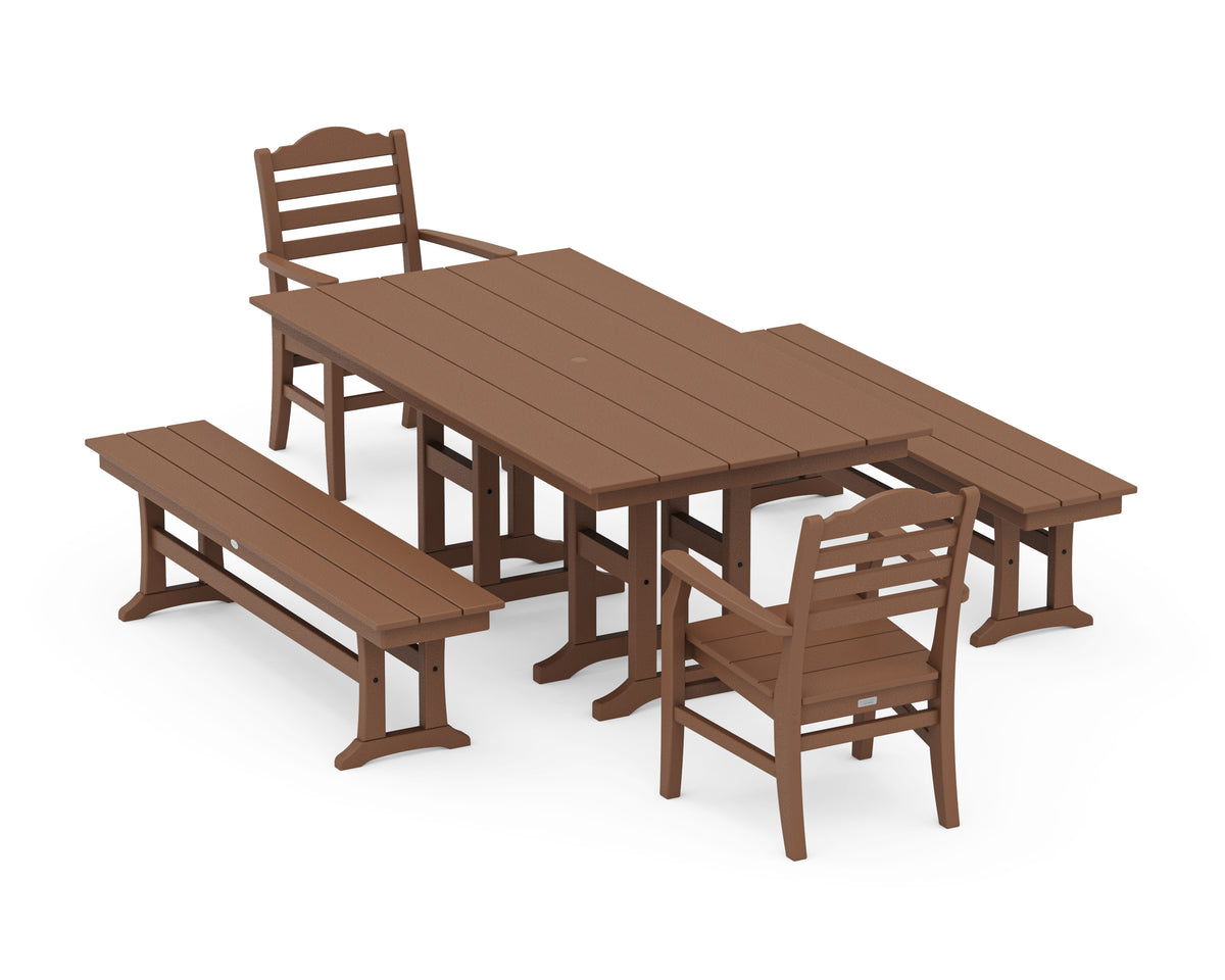 POLYWOOD Savannah 5-Piece Farmhouse Dining Set with Benches in Teak