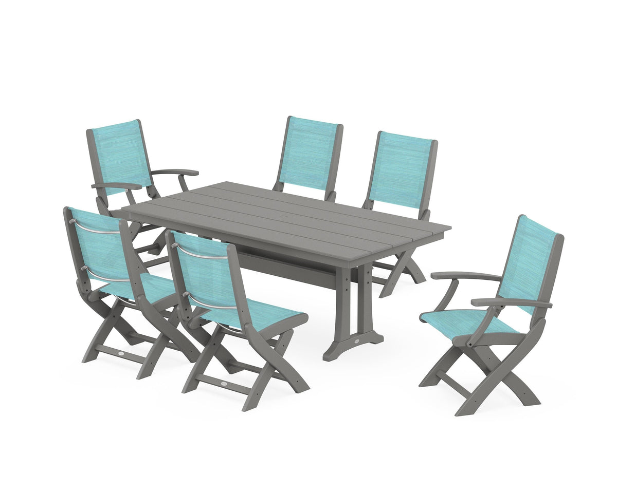 POLYWOOD Coastal Folding Chair 7-Piece Farmhouse Dining Set with Trestle Legs in Slate Grey / Dupioni Aquamarine