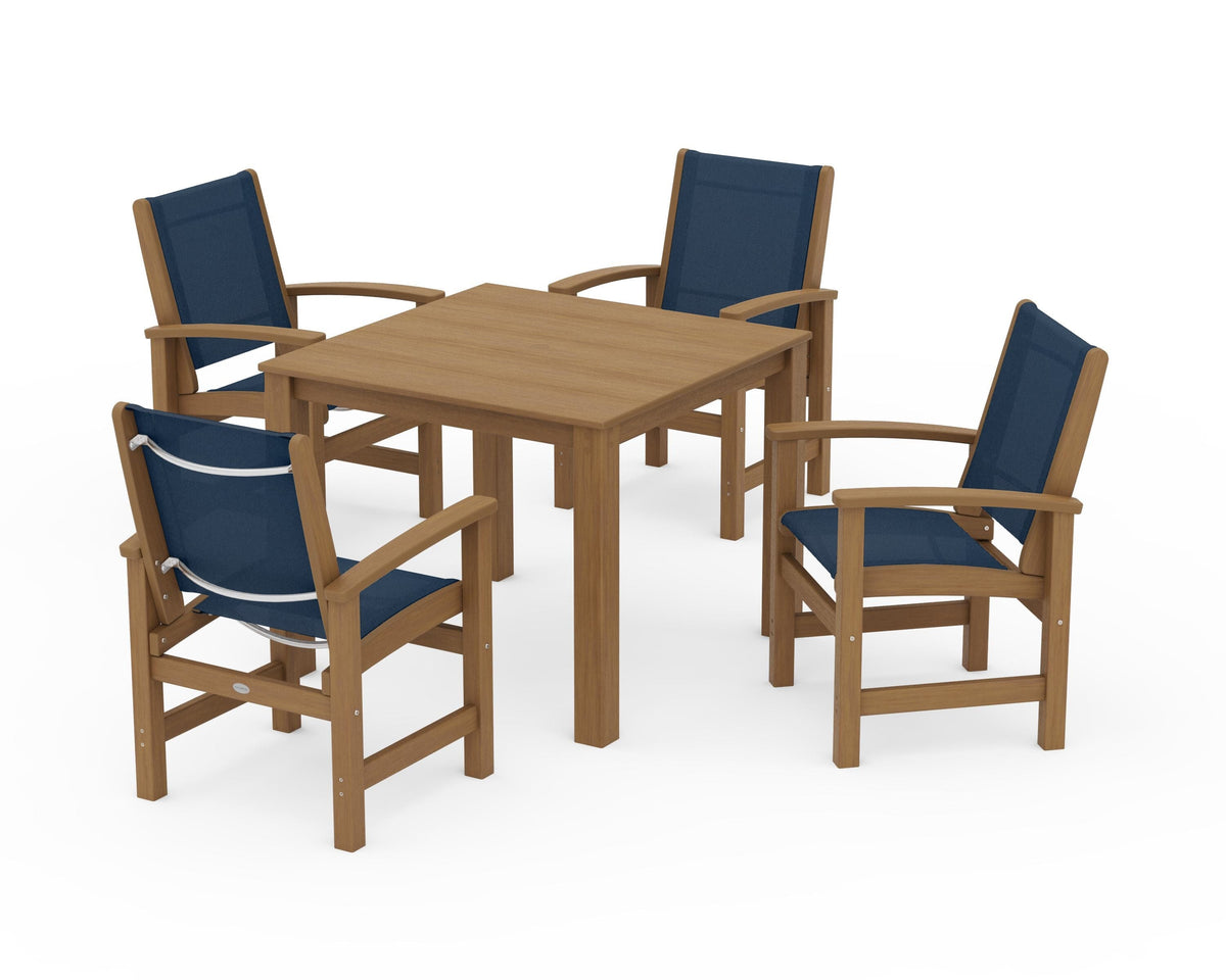 POLYWOOD Coastal 5-Piece Parsons Dining Set in Natural / Navy Blue