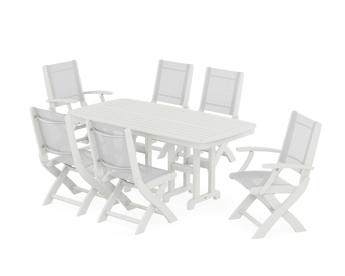 POLYWOOD Coastal Folding Chair 7-Piece Dining Set in Vintage White / White