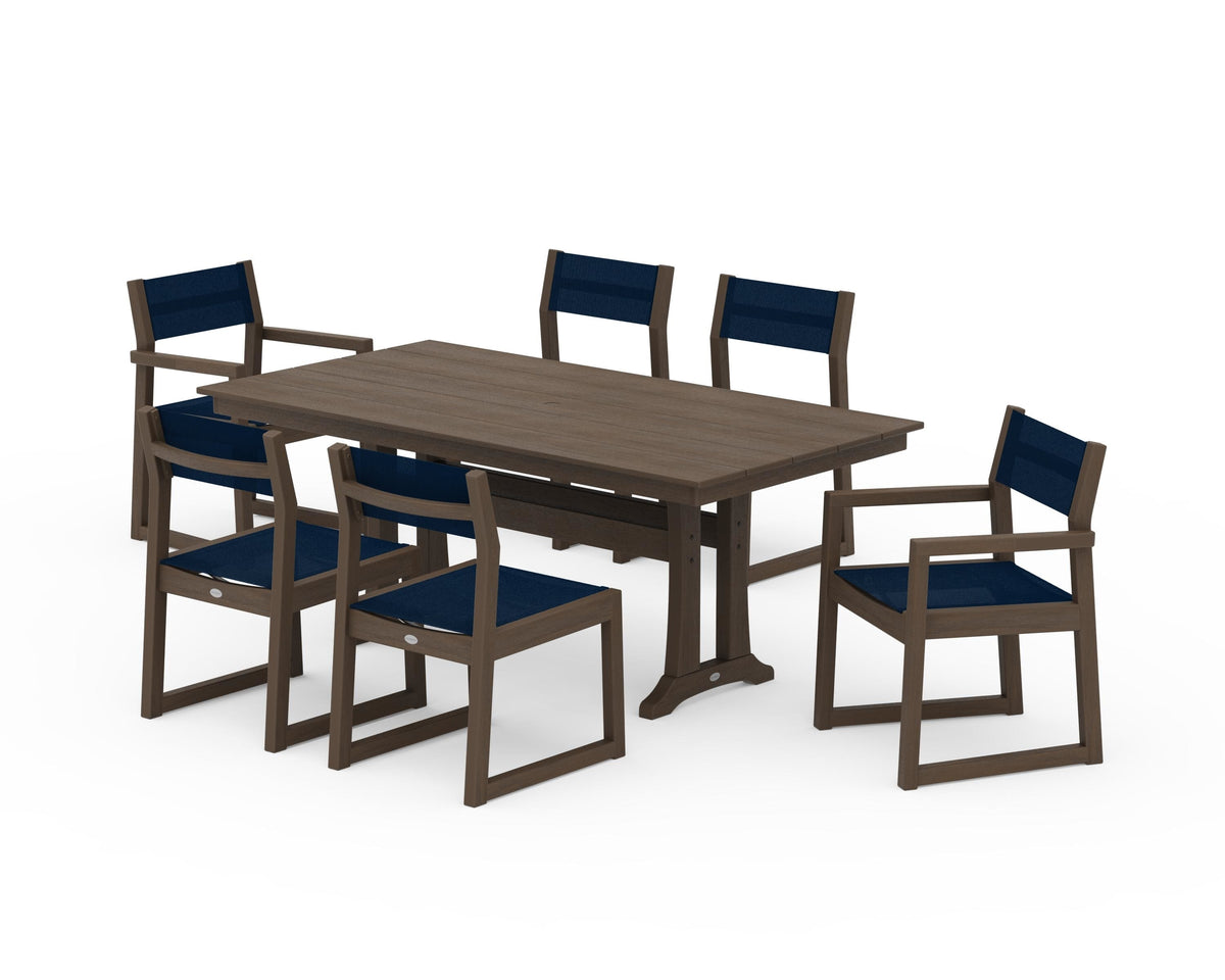 POLYWOOD EDGE Sling 7-Piece Farmhouse Trestle Dining Set in Kona / Navy Blue