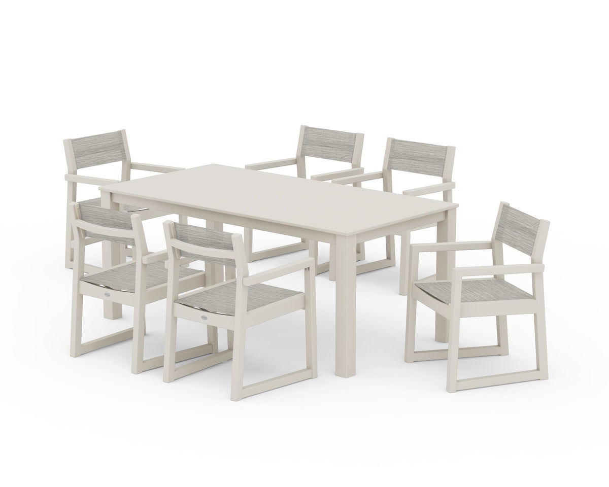 POLYWOOD EDGE Sling Arm Chair 7-Piece Parsons Dining Set in Sand / Birch