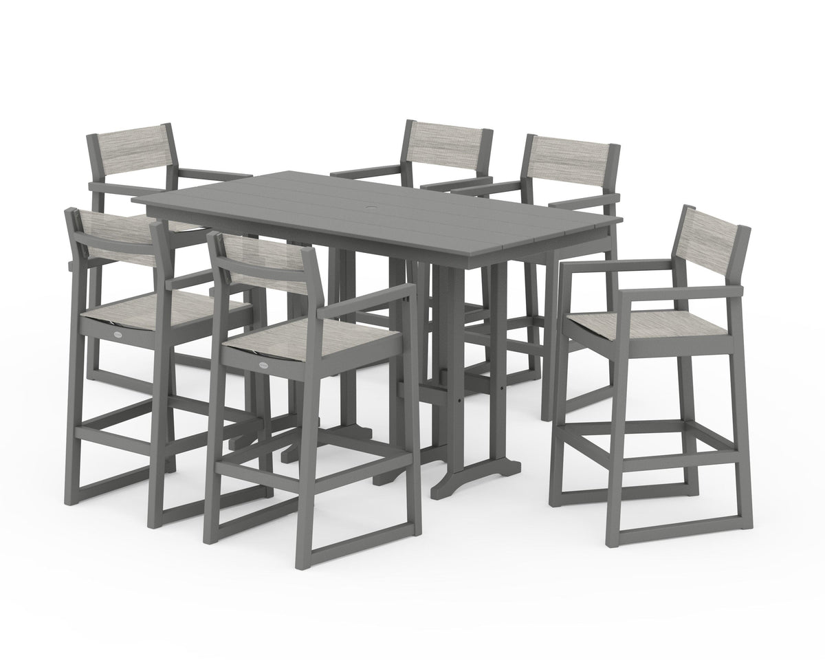 POLYWOOD EDGE Sling Arm Chair 7-Piece Farmhouse Bar Set in Slate Grey / Birch