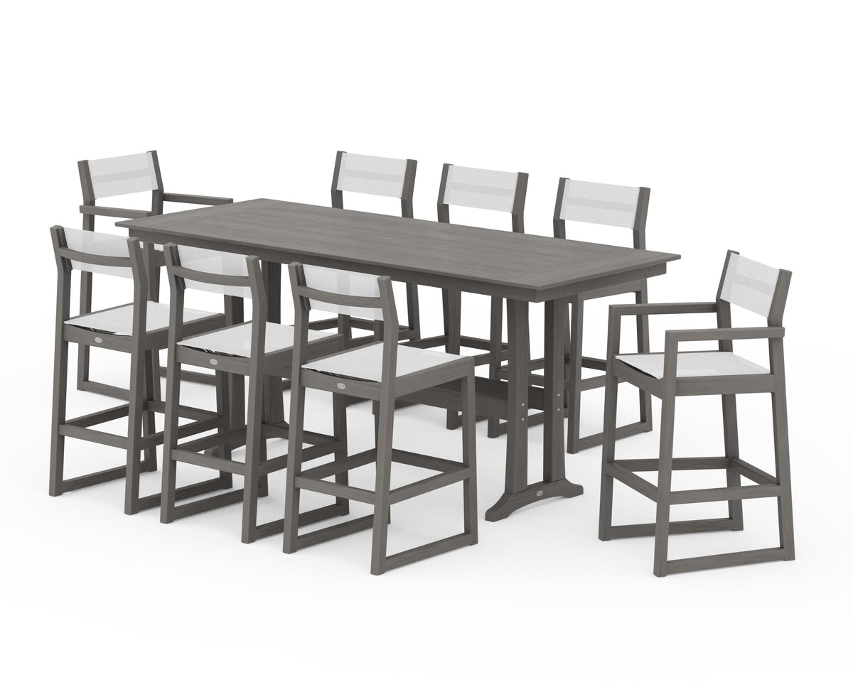 POLYWOOD EDGE Sling 9-Piece Farmhouse Bar Set with Trestle Legs in Driftwood / White