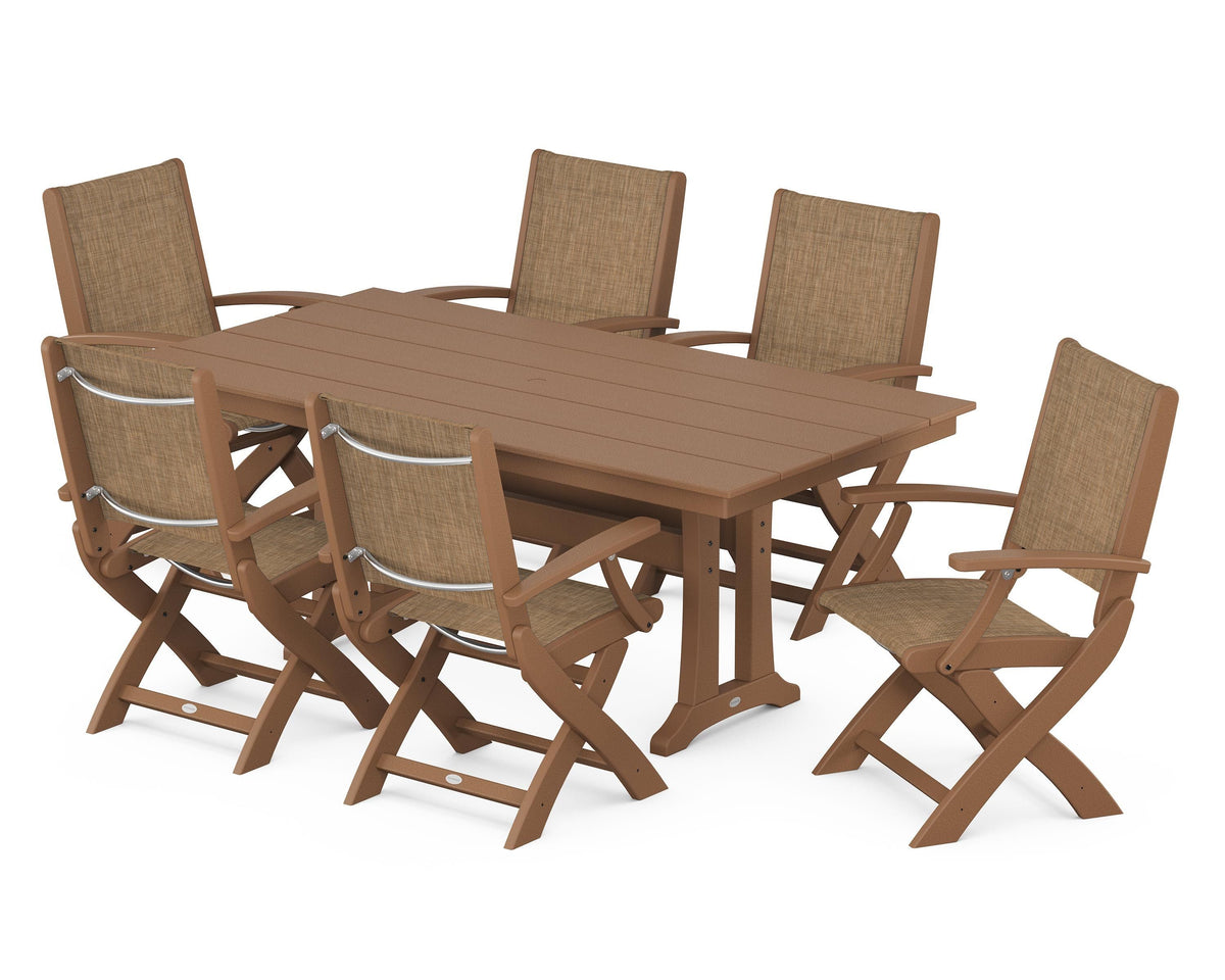 POLYWOOD Coastal Folding Arm Chair 7-Piece Farmhouse Dining Set with Trestle Legs in Teak / Burlap