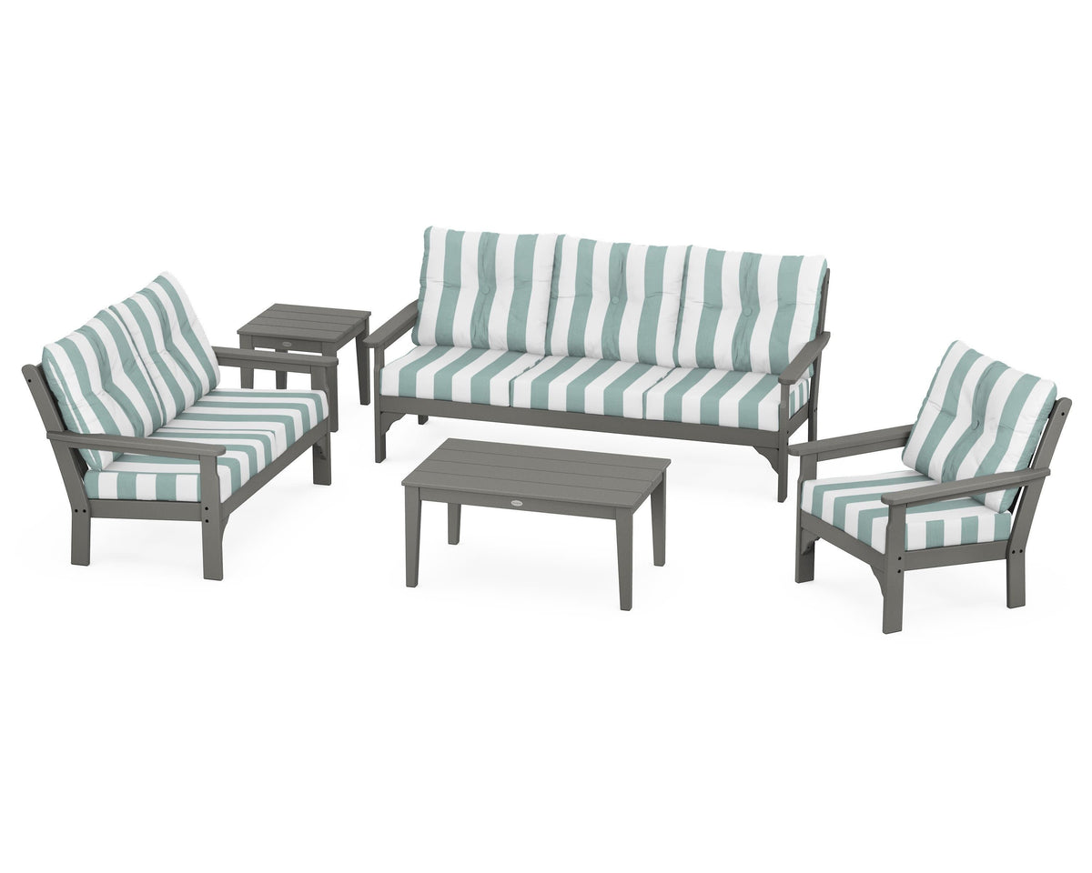 POLYWOOD Vineyard 5-Piece Deep Seating Set with Sofa in Slate Grey / Cabana Stripe Glacier Spa